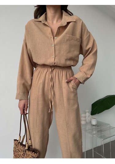 Kadın Oversize Keten Gömlek Pantolon Alt Üst Takım Camel