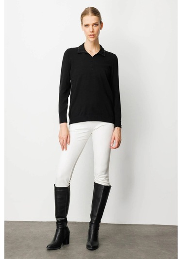 Desen Triko Kadın Polo Yaka Nakış İşlemeli Ligralı Bluz 25092 Siyah Siyah