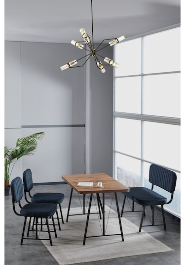 Hayat 70x110 Atlantik Mutfak Masası, Mutfak Masası Takımı, Yemek Masası, 2 Sandalye 1 Bench - Lacivert Krem