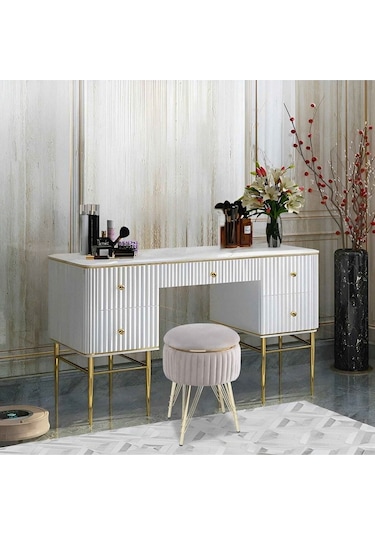 Bianco Metal Ayaklı Sehpalı Puf Altın Bej Gold Beige