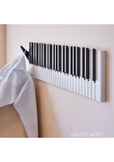 Dekoratif Piyano Elbise Askılığı 15x75 Cm 21 Tuşlu Ahşap Askılık Beyaz - Siyah