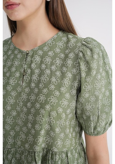 4688 Kadın Balon Kol Çiçek Desenli Peplum Bluz Haki Haki