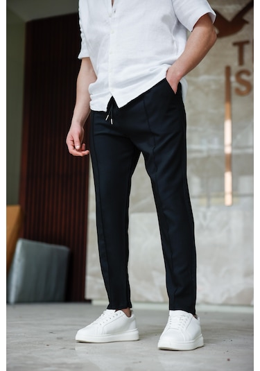 Erkek Siyah Renk Esnek Likralı Fermuar Detaylı Jogger Pantolon-1746 Siyah