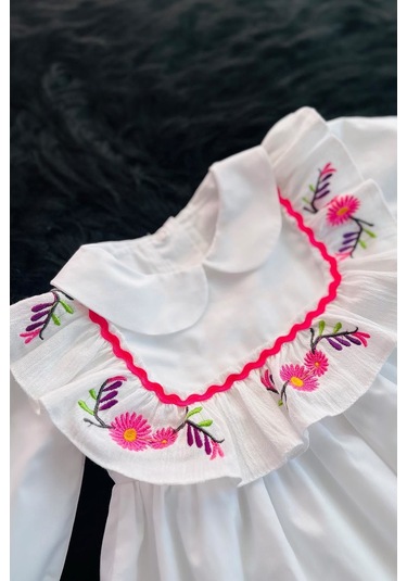 Nakış Ve Su Taşı Detaylı Beyaz Poplin Pamuklu Kız Çocuk Bebek Mevlüt Elbise 001