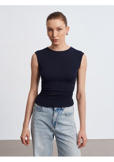 Dilvin 21054 Büzgülü Basic T-shirt-Koyu Lacivert