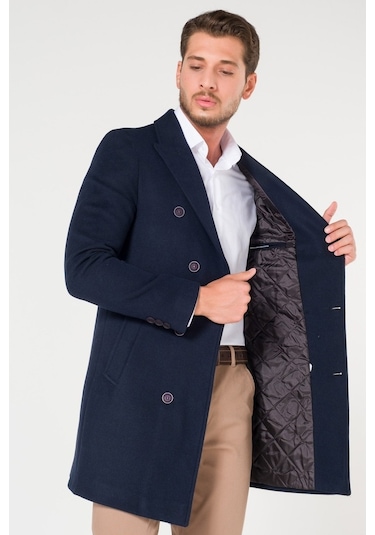 Erkek Kruvaze Lacivert Kışlık Slim Fit Kaşe Kaban-Lacivert