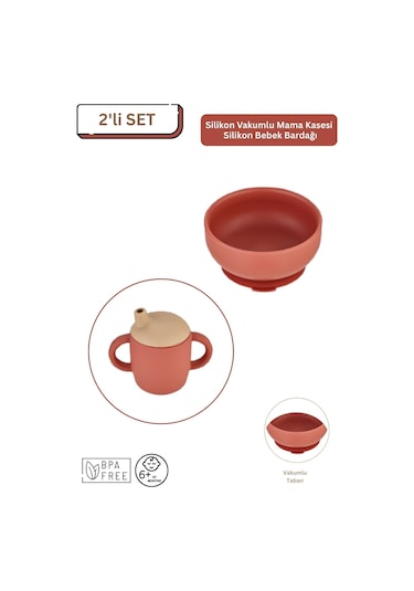 2'li Silikon Bebek Beslenme Seti / Mama Kasesi / Bebek Bardağı - Kiremit Rengi Kiremit