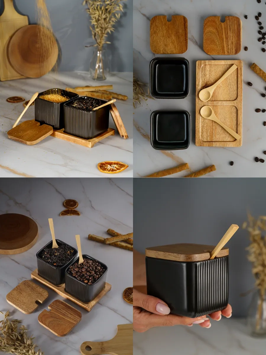 Homehoud Kapaklı Ve Kaşıklı Standlı Şekerlik Ve Tuzluk Seti 259195285 Siyah