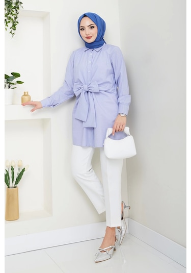 Çizgili Poplin Bağlamalı Gömlek - Mavi / Ü103 Mavi