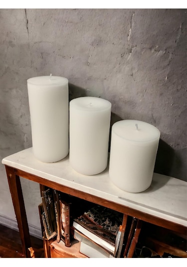 Silindir Mum 3'lü Kokulu Büyük Mum Dekoratif Mum Seti beyaz
