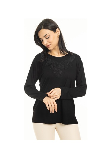 Kadın Orta Yaş Ve Üzeri Yeni Model Yuvarlak Yaka Likralı Anne Penye Bluz 30550-siyah