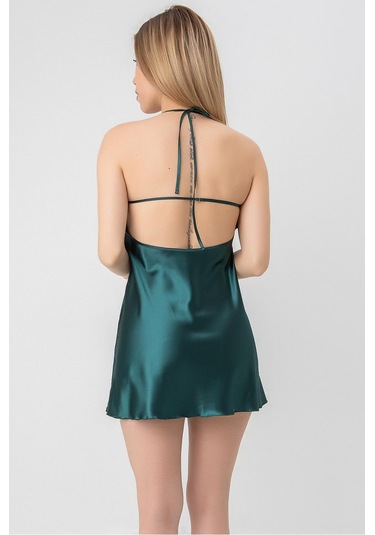 Faryanight Saten Çarpraz İp Askılı Boyundan Bağlamalı Mini Gecelik Petrol Yeşili