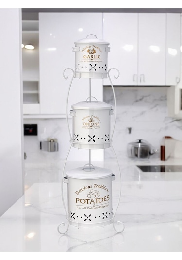 Toptanfoni Üç Katlı Yuvarlak Sepetli Patates, Soğan Ve Sarımsak Saklama Kabı. Beyaz