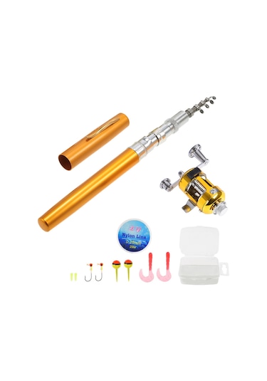 Jeehugo Alüminyum Alçımlı 1m Çubuklu Balıkçılık Seti - Mini Gümüş Makara, 25m İp Ve Yem Kutusu Altın Altın