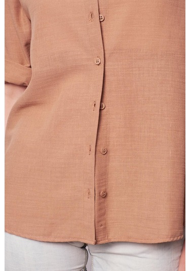 Kadın Keten Düşük Omuzlu Yakalı Kapri Kol Apoletli Gömlek -camel CAMEL