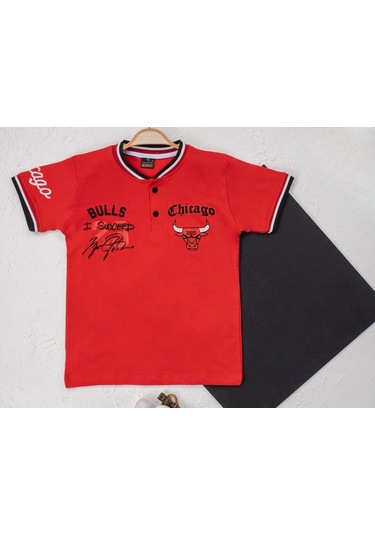 Erkek Çocuk Kırmızı Renk Chicago Bulls Temalı College Yaka Kısa Kollu T-shirt Kırmızı