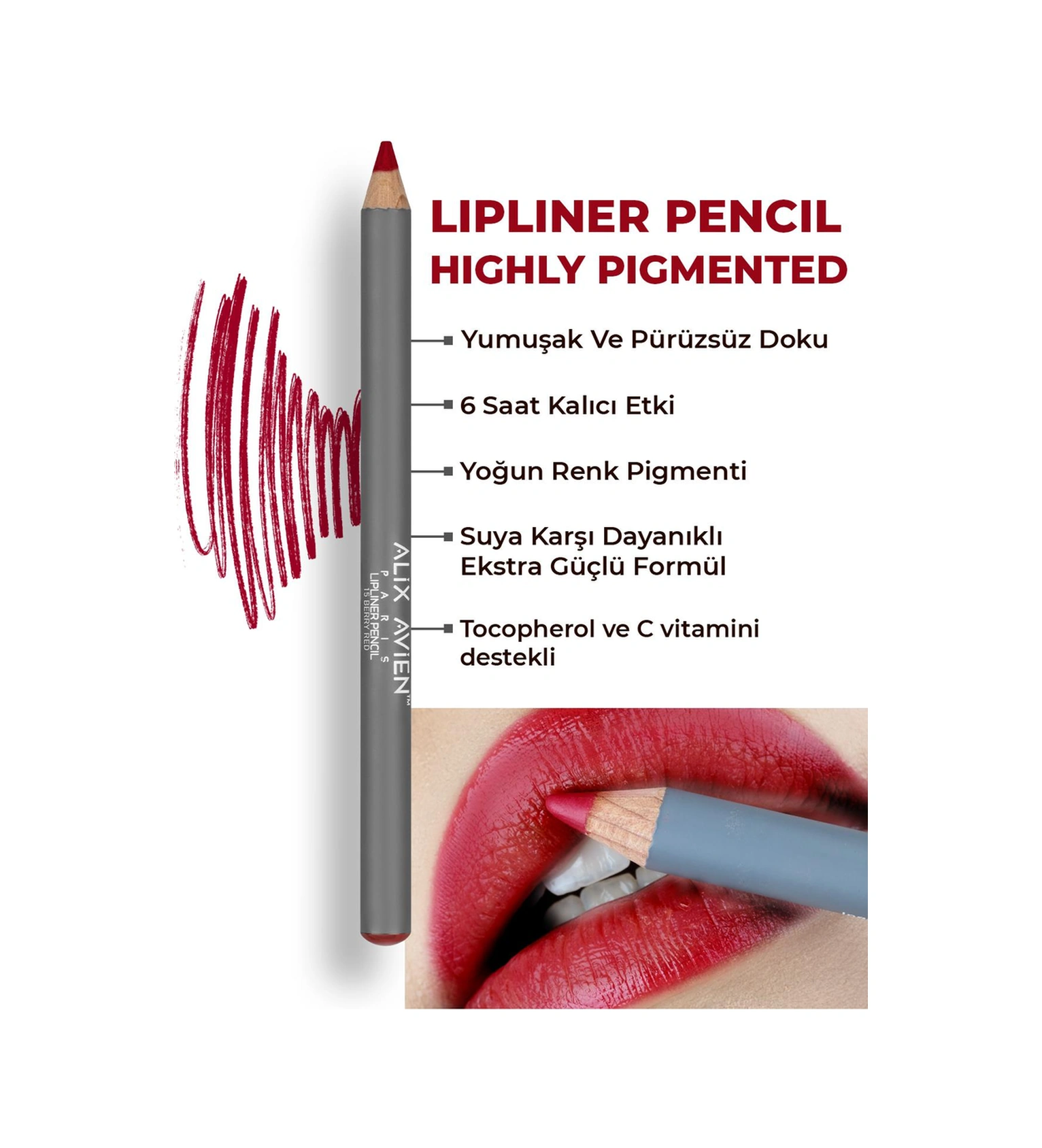 Alix Avien Uzun Süre Kalıcı Dağılma Yapmayan Nemlendirici Dudak Kalemi Lipliner Pencil 15 Berry Red
