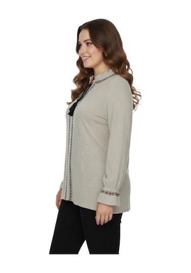 Wearon Kadın Yumoş Yaka Bağcıklı Kol Valonlu Modelli Bluz Bgl-st05141 Bej