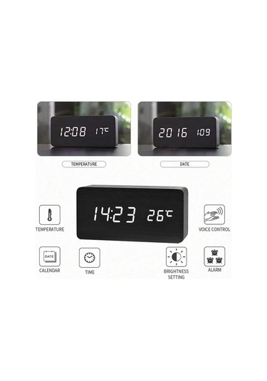 Dijital Led Ahşap Çalar Saat Sıcaklık Ses Kontrolü Erteleme