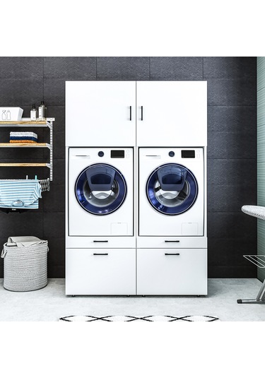 ROOMART ÇAMAŞIR-KURUTMA MAKİNESİ DOLABI + ÜST DOLABI 2'Lİ MAT BEY Mat Beyaz