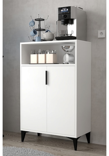 1201 Ada Çok Amaçlı Dolap , Kahve Köşesi , Kiler Dolabı , Mutfak Standı 2 Kapılı 4 Bölmeli - Beyaz Beyaz