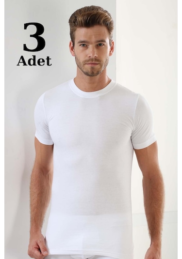 Erkek Beyaz Sıfır Yaka Kısa Kol Fanila Tişört %100 Pamuklu Penye 3'lü Paket Beyaz