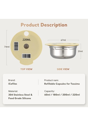 I Cafilas Ue2223 304 Paslanmaz Çelik Kahve Kapsülü Pod Doldurulabilir Filtre Silikon Kapak Bosch Tassimo Makinesi İçin 60/180/200/220ml 220ml+lids Diğer