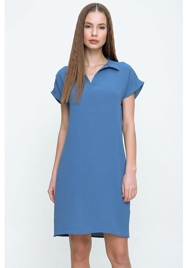 Kadın Bol Kesim Polo Yaka Kısa Kollu Günlük Kısa Midi Elbise Dizüstü 2883200 Mavi