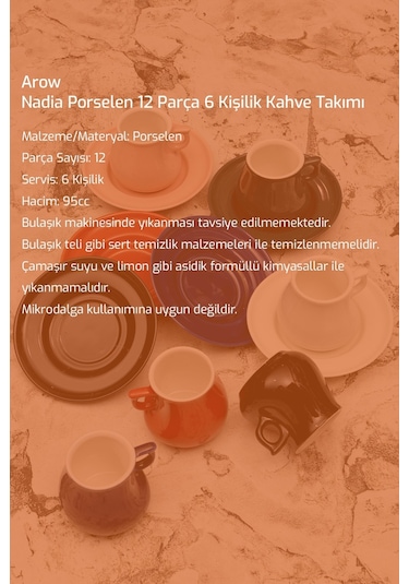 Nadia Porselen 12 Parça 6 Kişilik Kahve Takımı