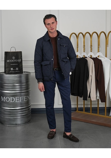Modefendi Slim Fit Baklava Desen Torba Cep Dolum Elyaf Mont Lacivert