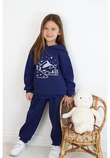 3 İp Baskılı Kapüşonlu Şardonlu İkili Takım Lacivert