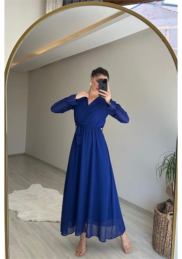 Neşeli Butik Kadın Uzun Kollu Kuşaklı Maxi Şifon Elbise Nm001 Saks