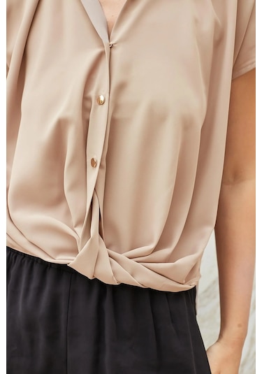 Likrasız Şık Kumaş Yakalı Düşük Omuzlu Önü Pileli Gömlek-vizon Vizon