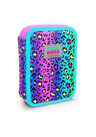 Coral High Kids Renkli Leopar Desenli Çift Katlı Kalem Çanta 11143 Renkli