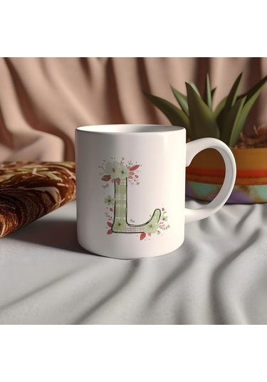 L Harfli Çiçek Desenli Kupa Bardak - Ekose Desenli Yeşil Pembe Desenli Tasarım - Kişiye Özel Hediye Beyaz