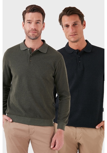 Buratti Pamuk Karışımlı Regular Fit 2'Li Paket Erkek Polo Yaka Kazak 456223S2 Antrasit-Haki