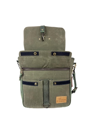 Vintage Baskılı Su Geçirmez Kanvas Deri Unisex Postacı Omuz Çantası 29 Cm X 30 Cm Haki