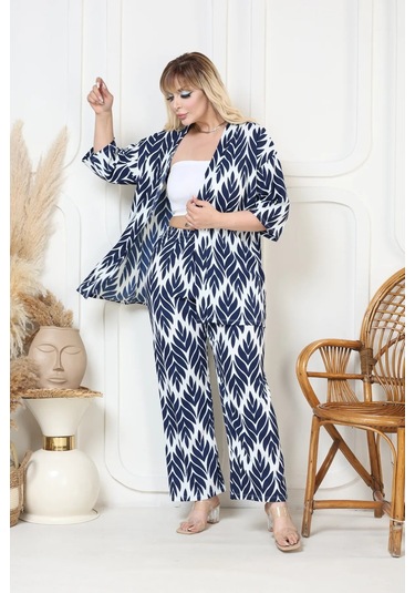 Desenli Kimono Hırkalı 2li Alt Üst Takım Bürümcük Kumaş Yazlık 2xl-6xl Oversize Lacivert