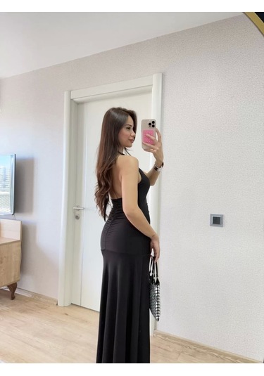 Sırt Dekolteli Uzun Elbise - Siyah Siyah