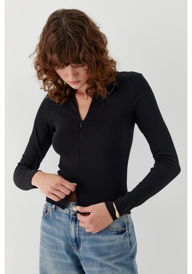 Polo Yaka Önden Gizli Fermuarlı Bluz Siyah Siyah