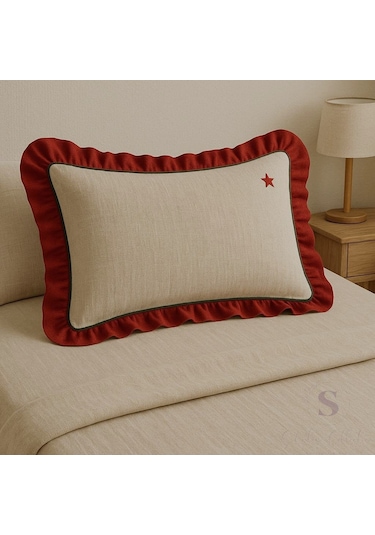 Yıldız Nakışlı Fırfırlı Buldan Keteni Yastık Kılıfı 50x70 1 Adet Bej