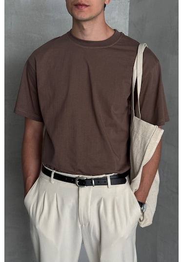 Hyman Erkek %100 Pamuk Oversize Basic T-shirt Kahverengi