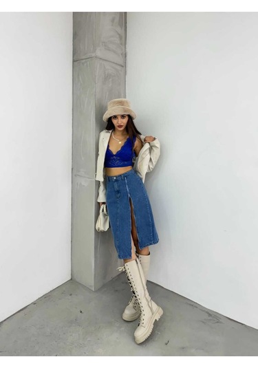 Shevega Kadın Mavi Ön Fermuar Detayli Kot Etek Mavi