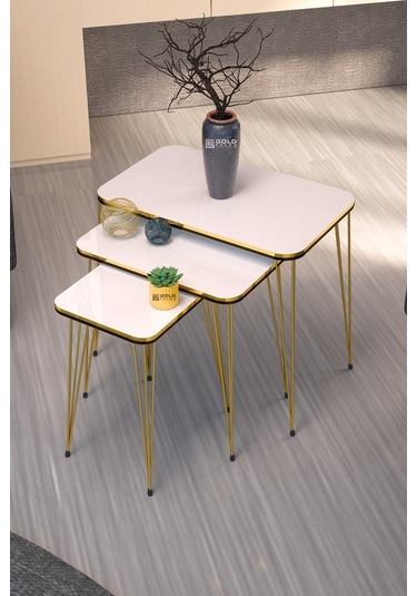 Zigon Sehpa Kr Ve Orta Sehpa Kr Set Çift Gold Beyaz Tel