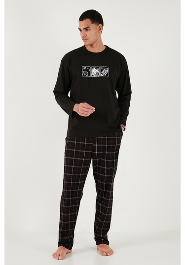 Buratti Ekoseli Pamuklu Regular Fit Yüksek Bel Bisiklet Yaka Erkek Pijama Takımı 6574000 Siyah