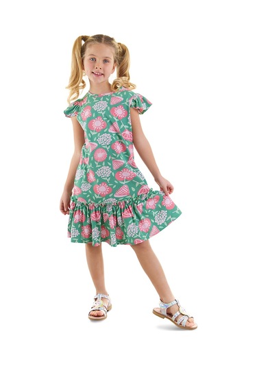 Denokids Pembe Çiçekli Kız Çocuk Yeşil Fırfırlı Elbise Pembe