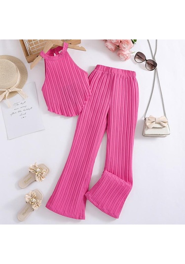 7-12y Kızlar Büyük Kız Takım Elbise Çocuk Yaz Yeni Moda Askılı Boyun Yelek Üst Dalga Şerit Pantolon 2 Adet Kırmızı