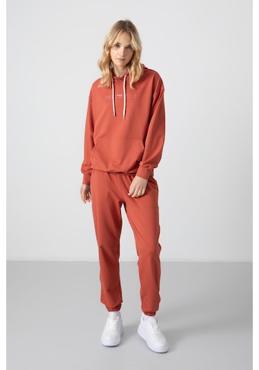 Tommy Life Tarçın Kapüşonlu Kanguru Cep Oversize Lastik Paça Kadın Eşofman Takımı - 95288 Tarçın