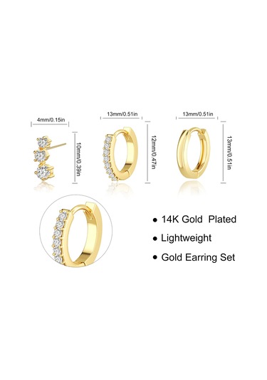 Kangvka Kadınlar İçin 14k Altın Kaplama Zirkon Taşlı 3 Çift Set: Dairesel Ve Taca Stilleriyle Çeşitli Renk Seçenekleri Gold