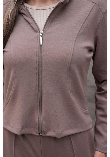 Elaxi Modal Kumaş Slim Fit Kapüşonlu İkili Takım VİZON